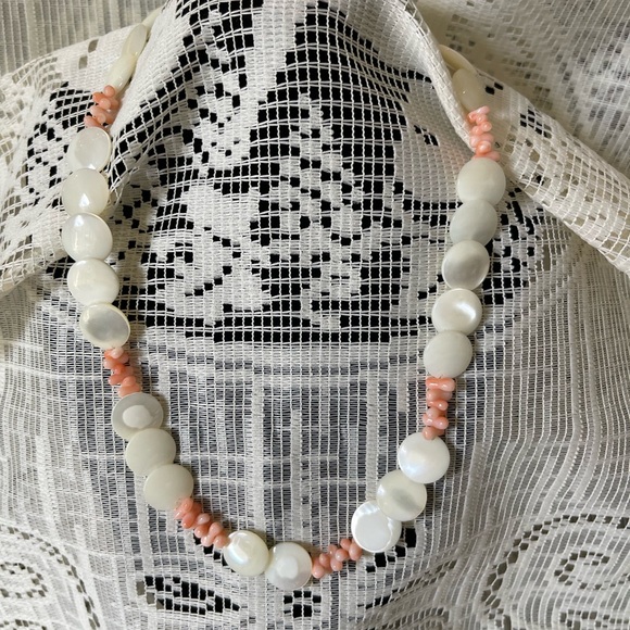 Jewelry - Handcrafted White Shell and Coral Accent Necklace - White & Pink